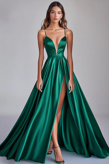 Dark Green A-Line Spaghetti Straps Satin Long Prom Dress with Slit